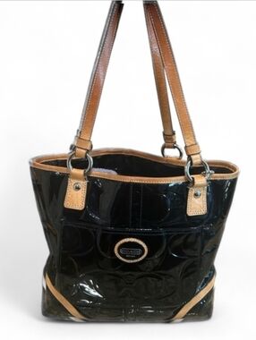 COACH Black Patent Leather Tote with Tan Leather Trim